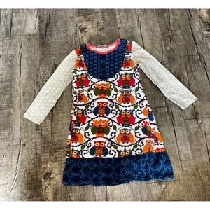 Jelly the Pug Girls Owl Print Long Sleeve Ruffle Dress Blue Orange Size 5